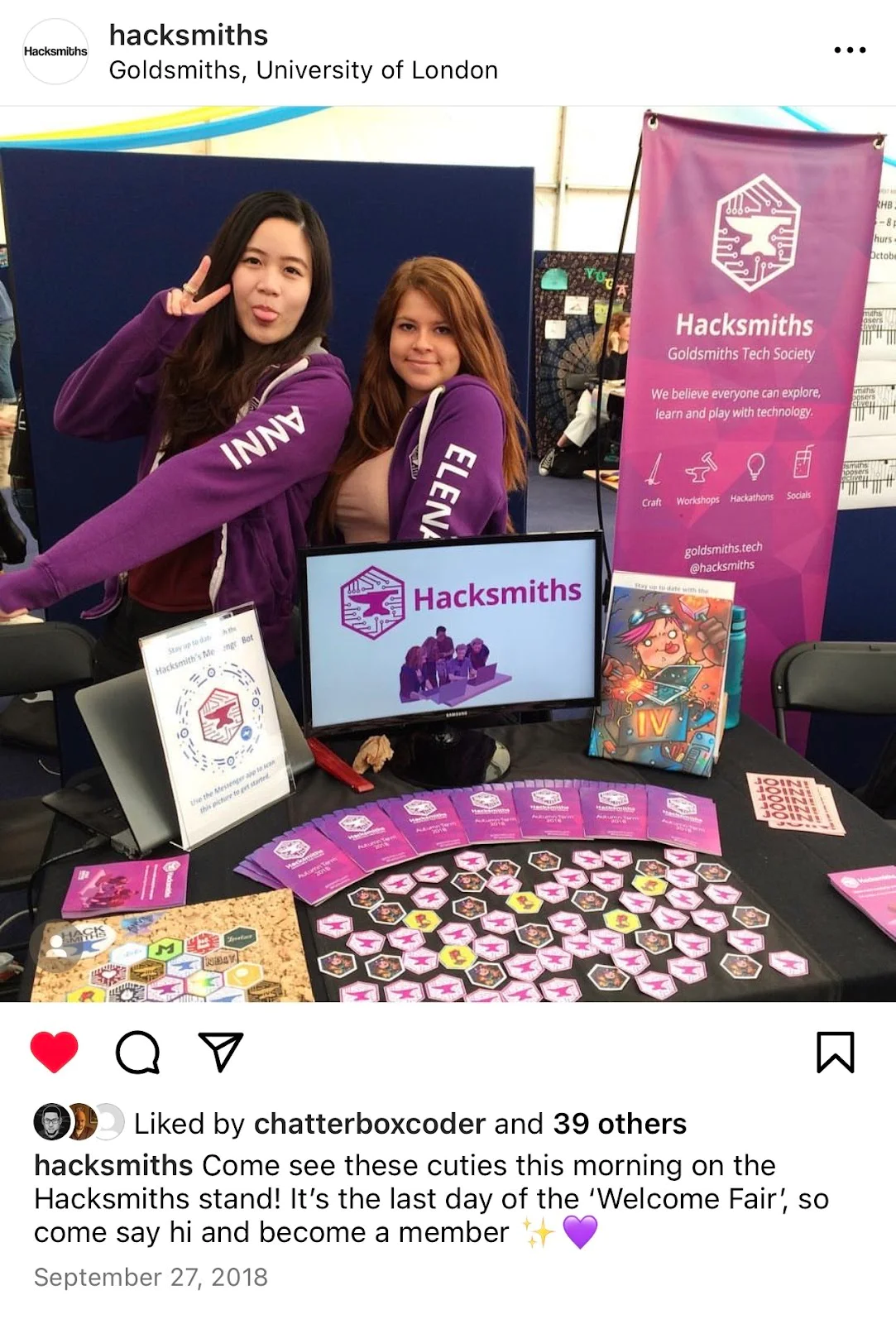 Anni working at the Hacksmith’s booth for Goldsmiths Welcome Fair in 2018
