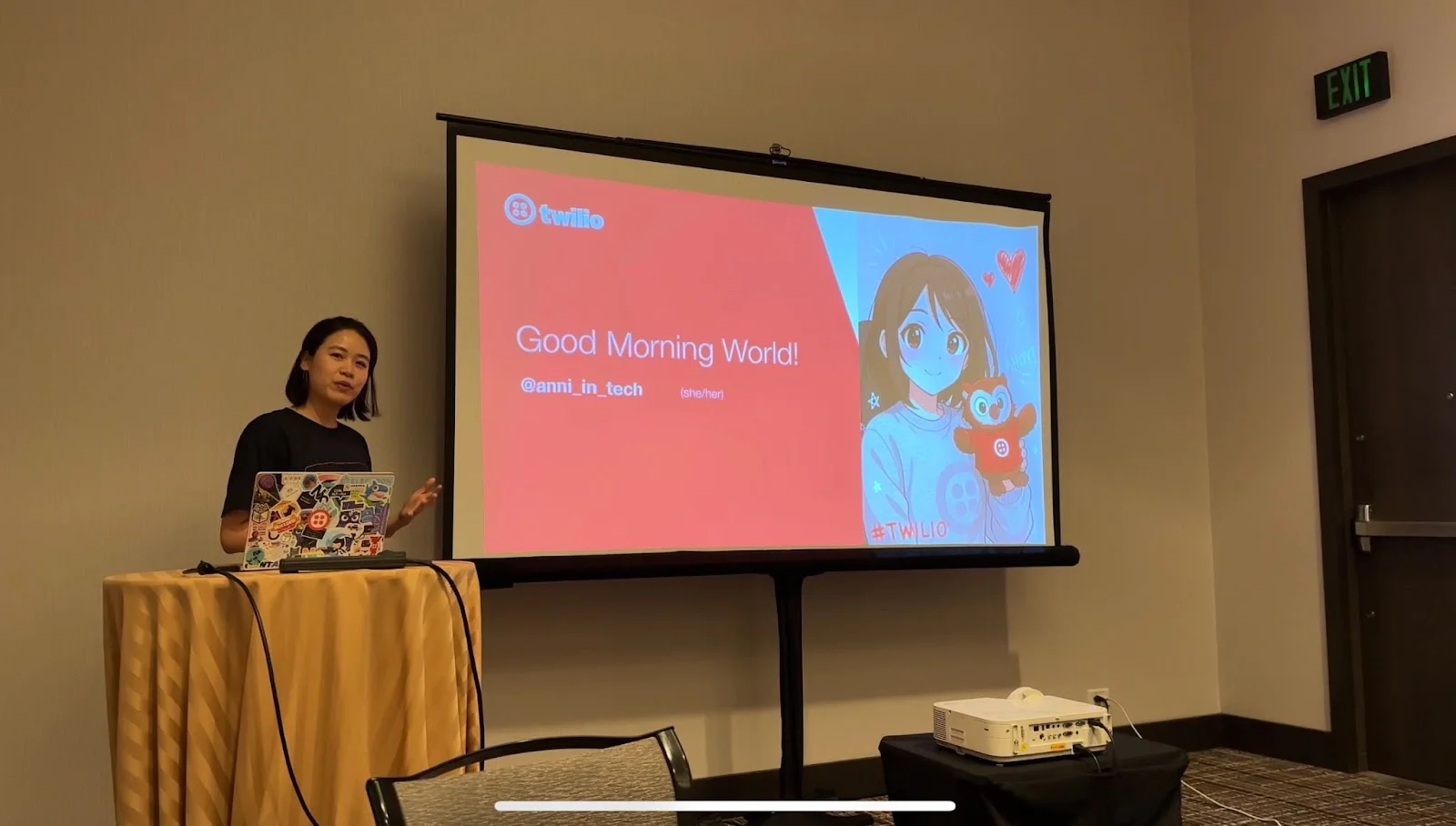 Anni demoing AI news summary phone call at the DevNet Summit