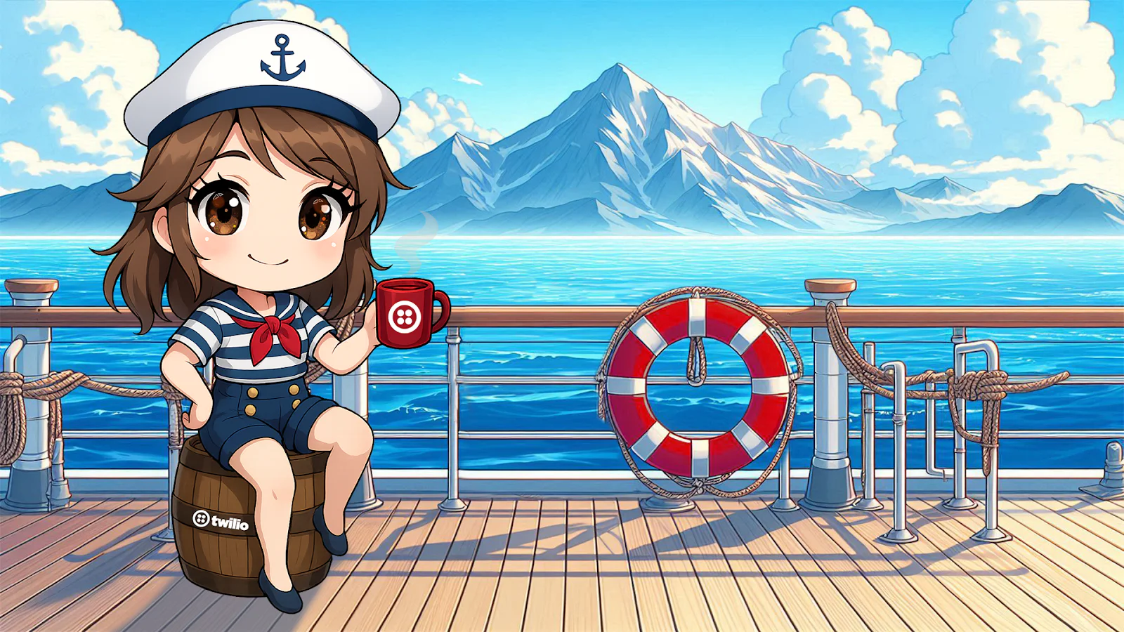Sailor girl on a ship with a mountain in the background Chibi of Mish wearing a sailor outfit sitting on a wooden barrel that says Twilio. Mish is holding a red mug with the Twilio logo. In the foreground is a ship’s deck with railing behind Mish, and there’s the in the midground, with a mountain landscape in the background