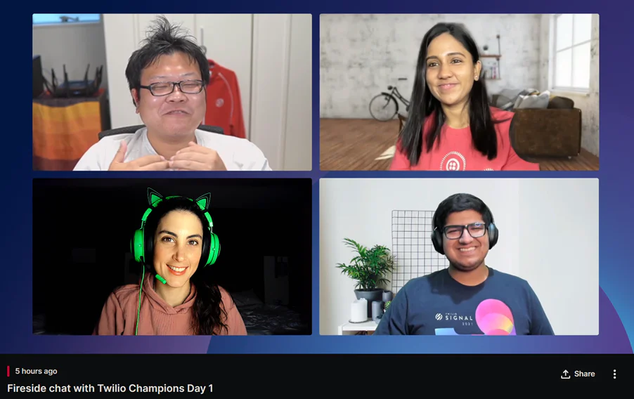 Virtual Twilio Champions Fireside Chat Four people on Zoom with the caption “Fireside chat with Twilio Champions Day 1”