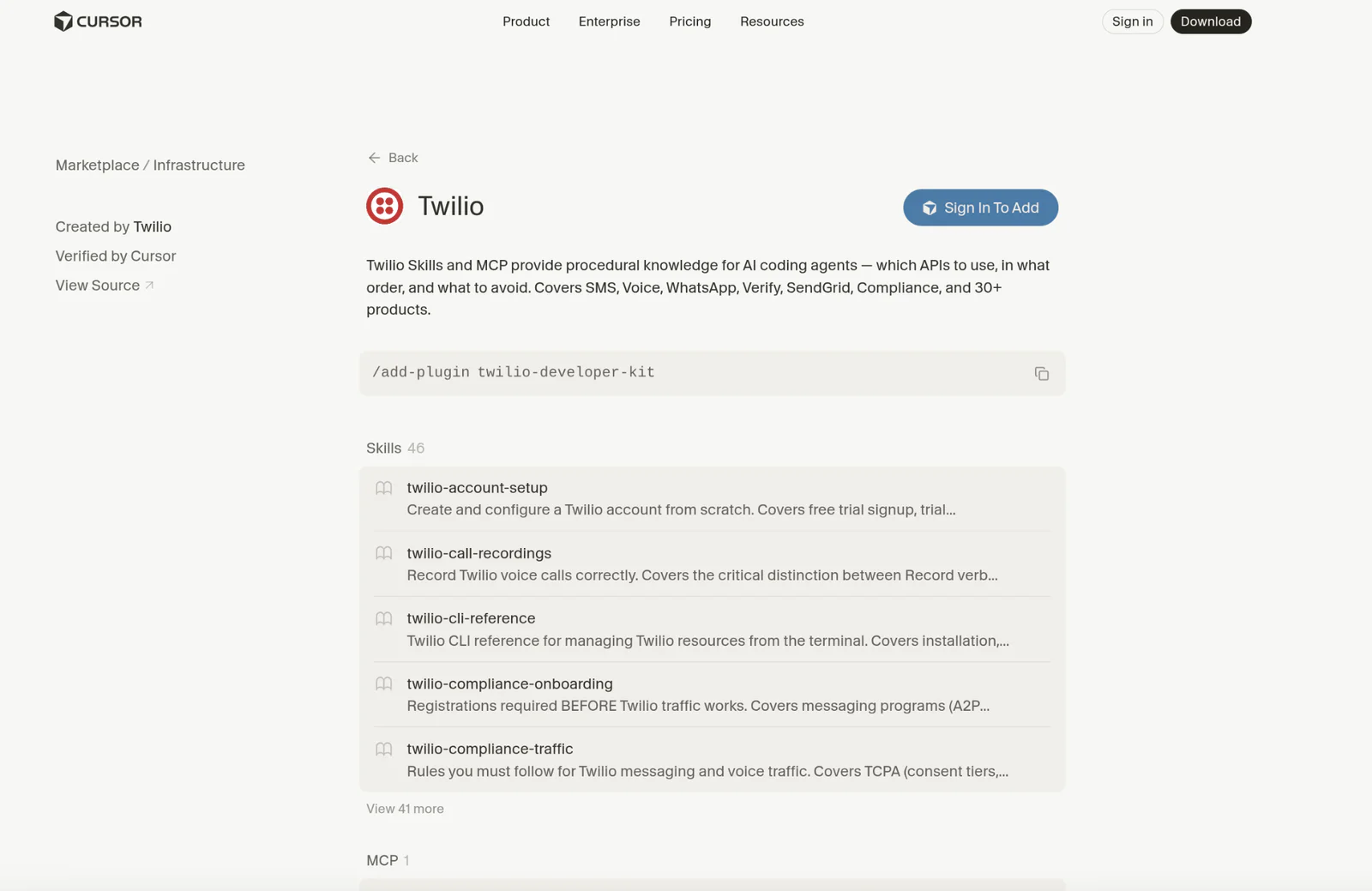 Screenshot of Twilio plugin page on Cursor platform with sign-in option and list of available skills.