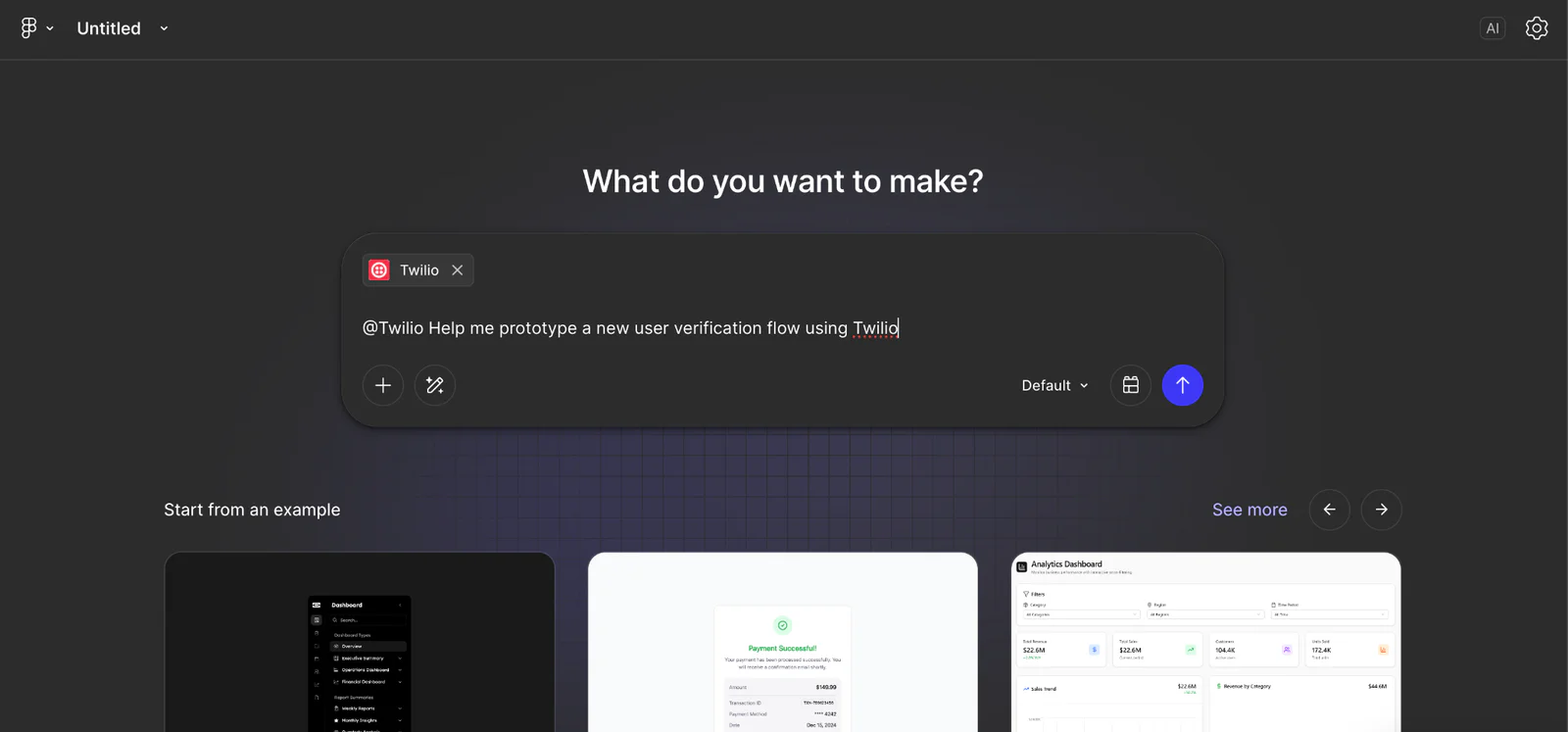 Interface of a prototyping tool showing a project using Twilio for user verification