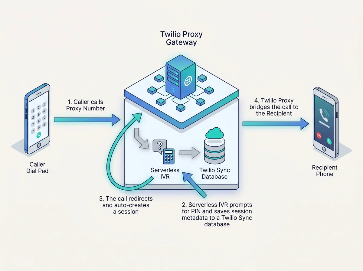 Architectural call flow sequence illustrating the 2-Bounce out-of-session redirect trick stashing session data in Twilio Sync.
