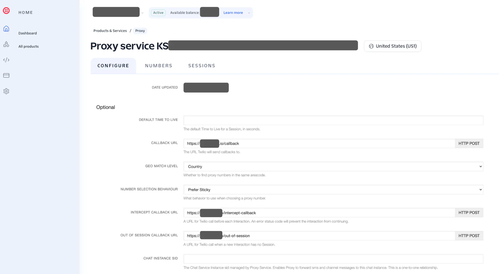 Configuration page of Proxy Service KS with options for default timeout, callback URL, and geo whitelisting.