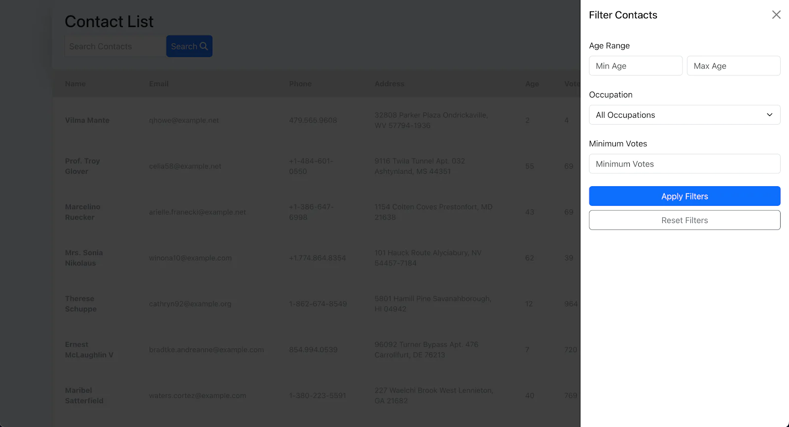 A contact list displayed with a filter options panel open on the right side. A contact list displayed with a filter options panel open on the right side.