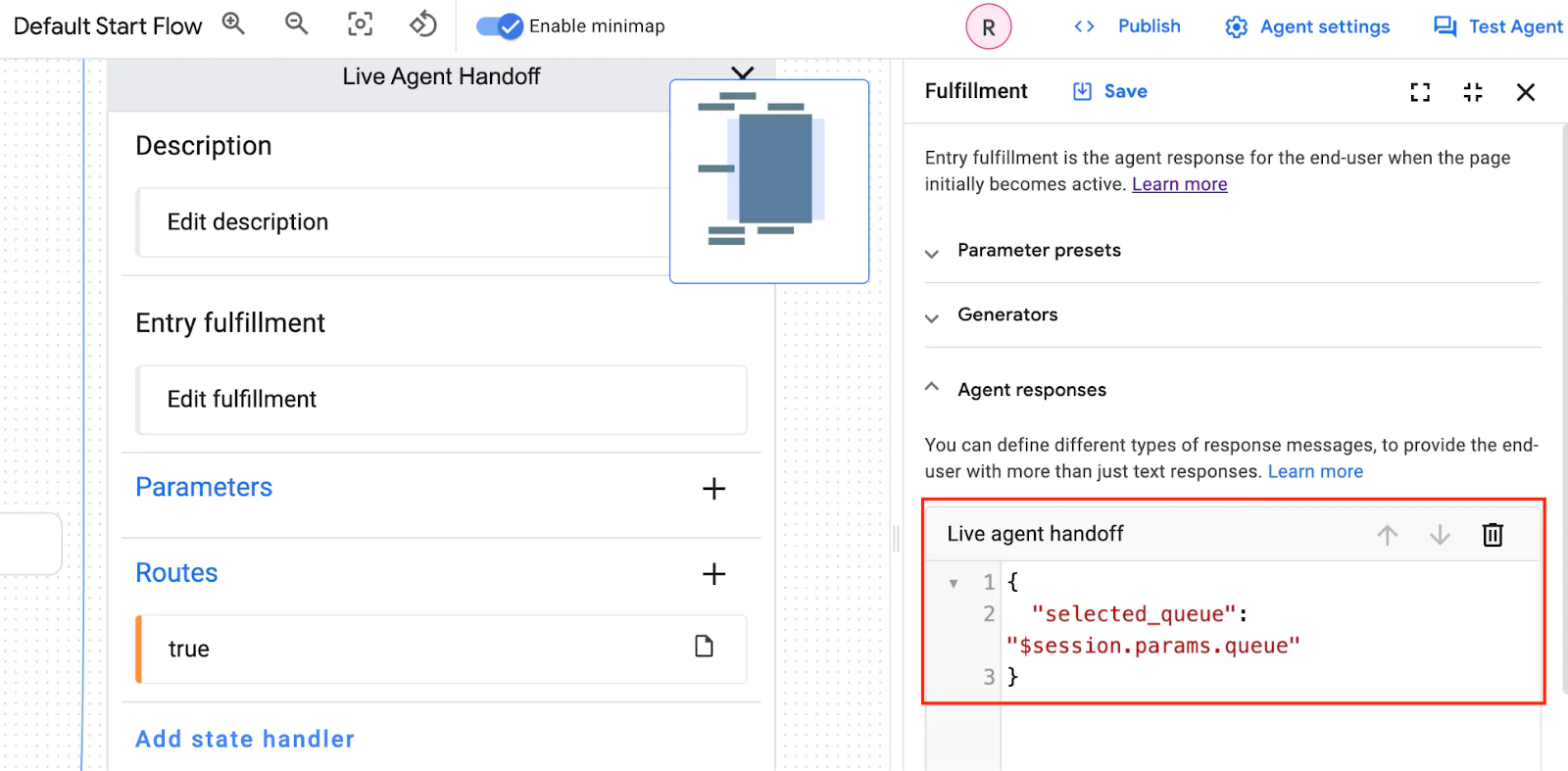 Define what parameters go back to Twilio Studio as a JSON document in the Live Agent Handoff field. Define what parameters go back to Twilio Studio as a JSON document in the Live Agent Handoff field.