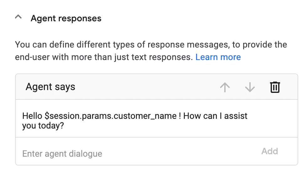 Reference a session parameter in an intent response. Reference a session parameter in an intent response.