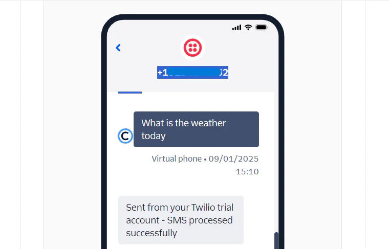 A smartphone screen showing a text conversation about weather from a virtual phone using Twilio.