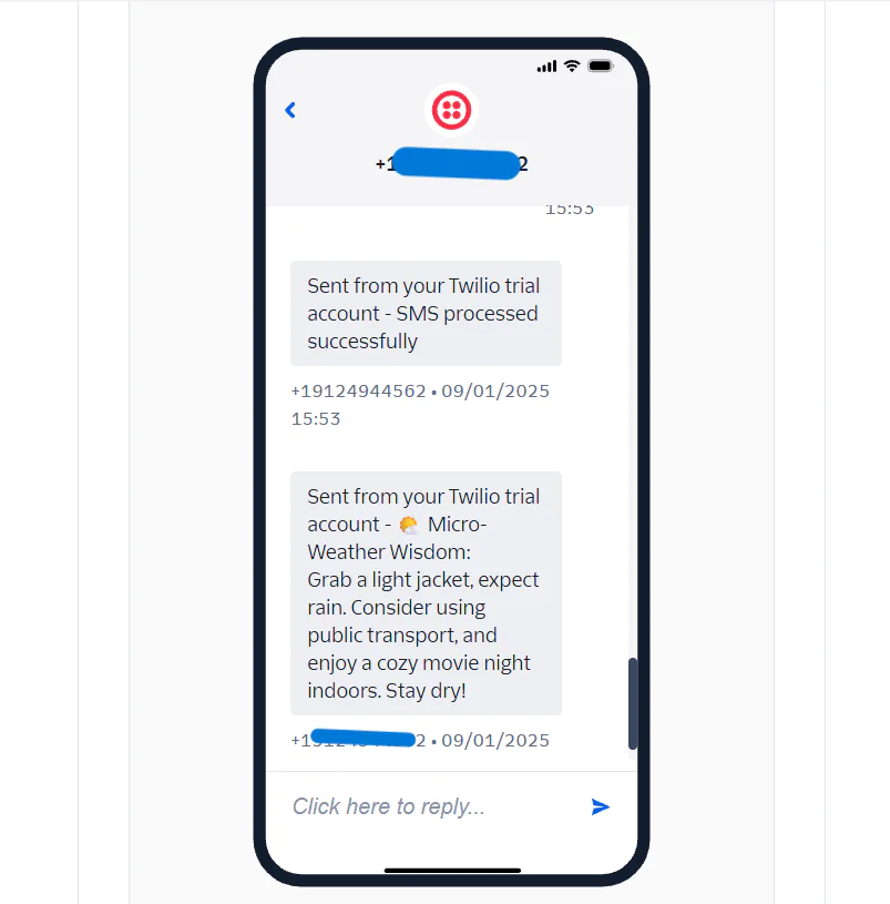 Screenshot of a phone displaying two messages sent from a Twilio trial account about SMS success and weather update.