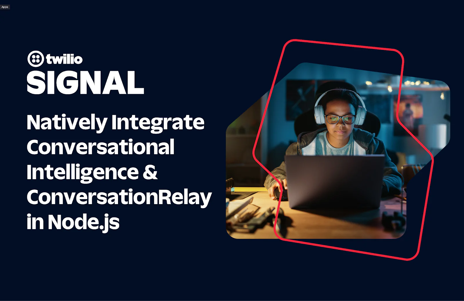 Person working on laptop with Twilio SIGNAL banner on left side promoting Node.js integration.