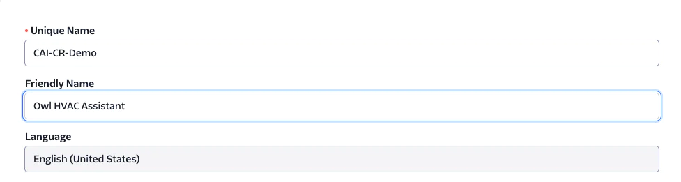 Form with fields for Unique Name, Friendly Name, and Language for an Owl HVAC Assistant. Form with fields for Unique Name, Friendly Name, and Language for an Owl HVAC Assistant.