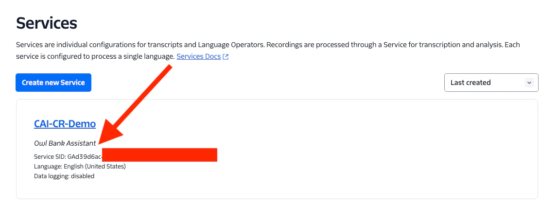 Service configuration details for CAI-CR-Demo with highlighted Service ID. Service configuration details for CAI-CR-Demo with highlighted Service ID.