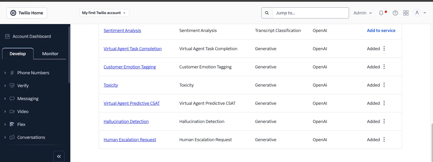 Screen capture of Twilio dashboard showing various AI services like sentiment analysis, task completion, and more. Screen capture of Twilio dashboard showing various AI services like sentiment analysis, task completion, and more.
