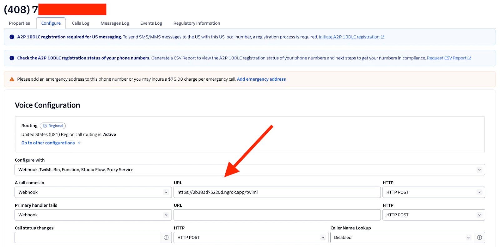 Screen with voice configuration settings highlighting a webhook URL field. Screen with voice configuration settings highlighting a webhook URL field.