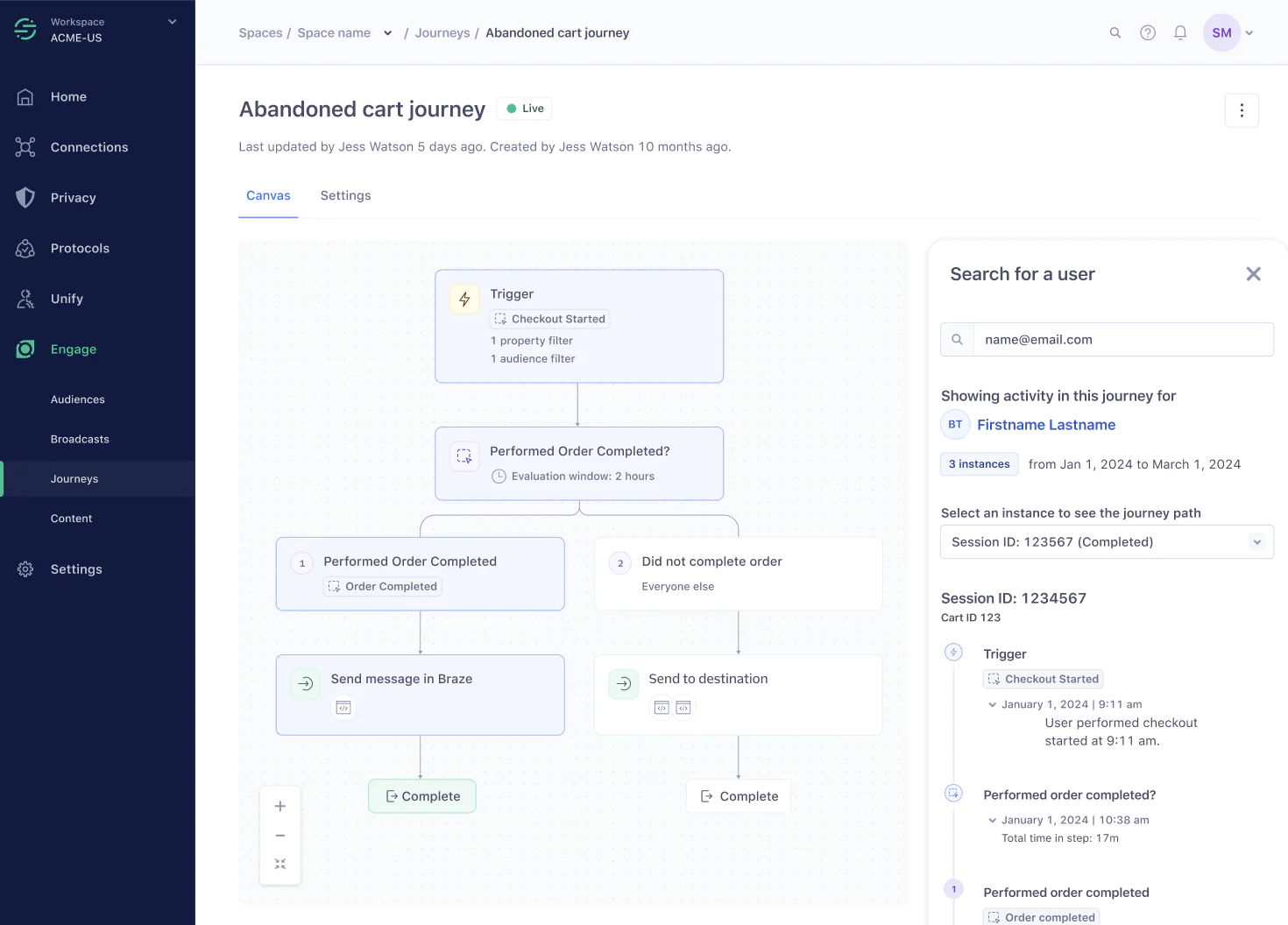 Workflow interface for an abandoned cart journey with user search and completion status.