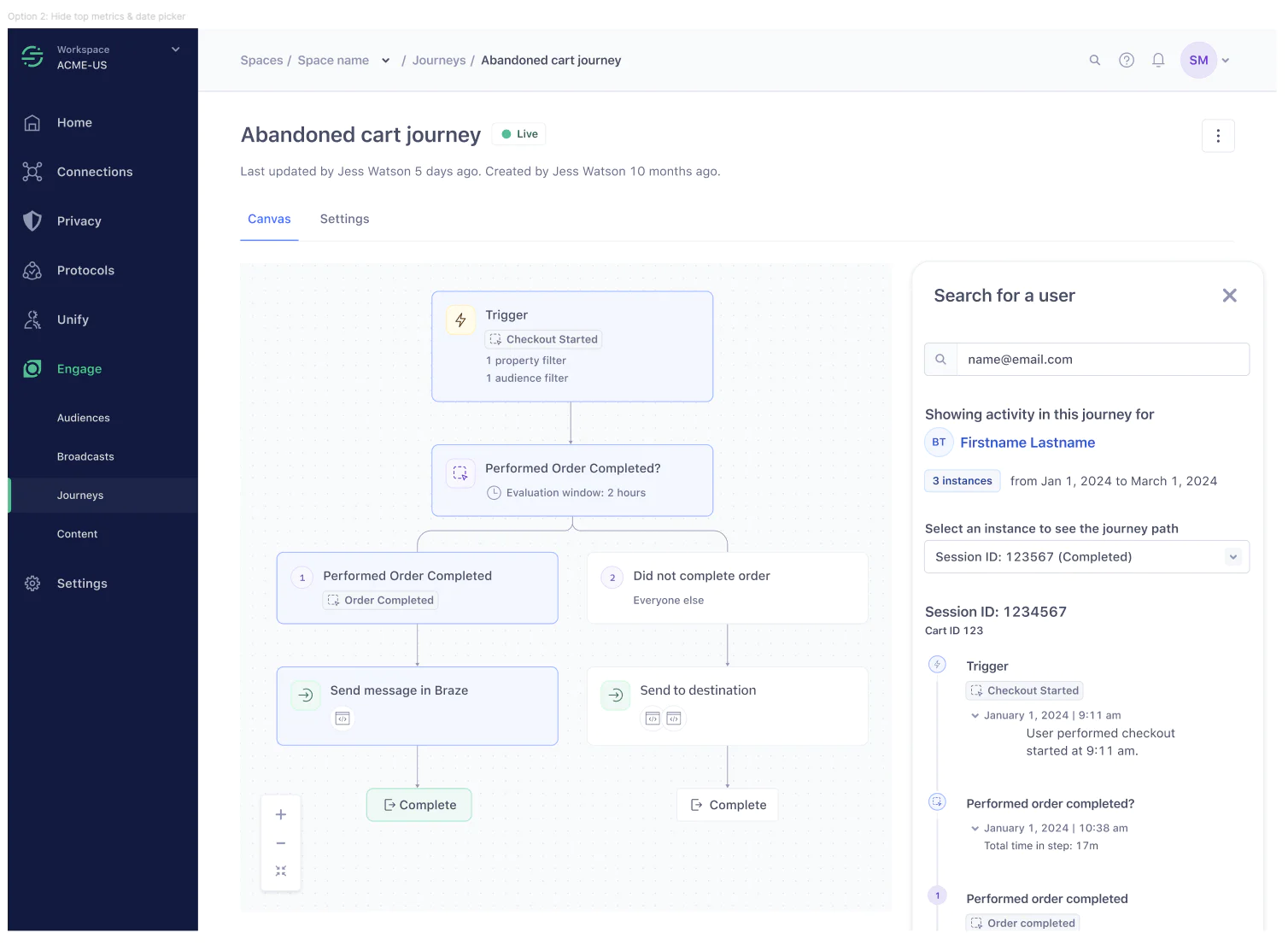 Workflow interface for an abandoned cart journey with user search and completion status. Workflow interface for an abandoned cart journey with user search and completion status.