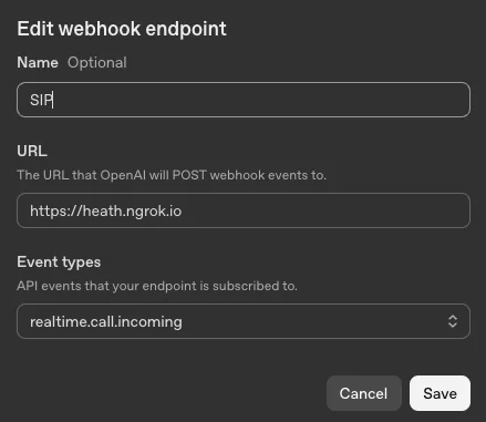 Editing Webhook Endpoint for SIP Interface for editing webhook endpoint with fields for name, URL, and event types.