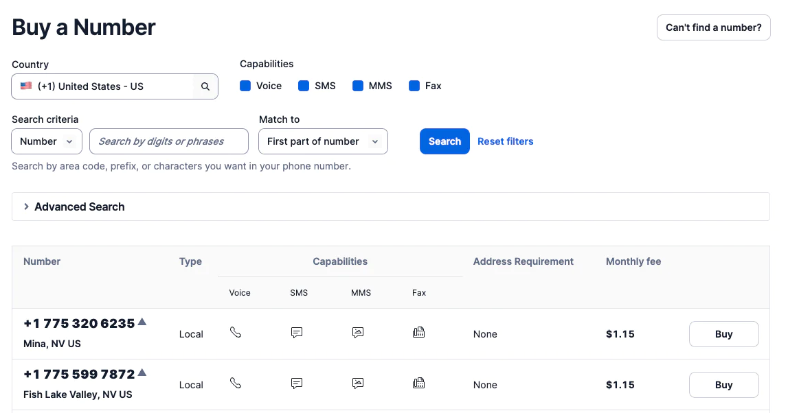 Screen showing options to purchase a phone number with capabilities like voice, SMS, MMS, and fax. Screen showing options to purchase a phone number with capabilities like voice, SMS, MMS, and fax.