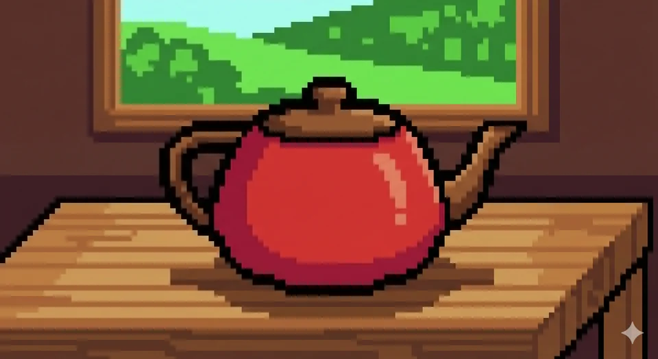 Red teapot in pixel art style sits on a wooden table in front of a window with a landscape view.
