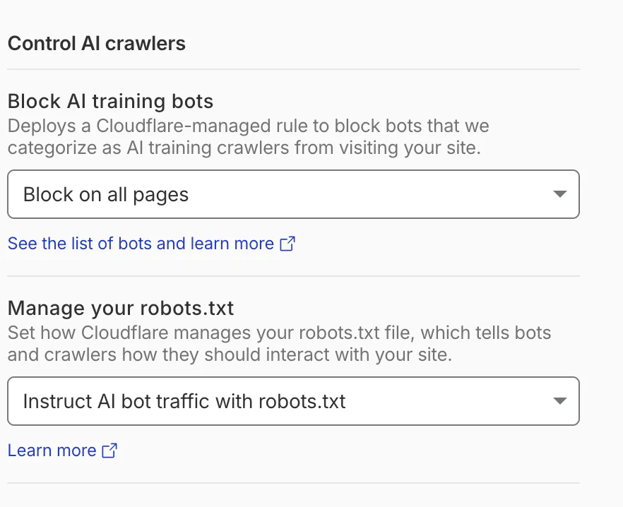 cloudflare settings for blocking ai training bots, and managing robots.txt