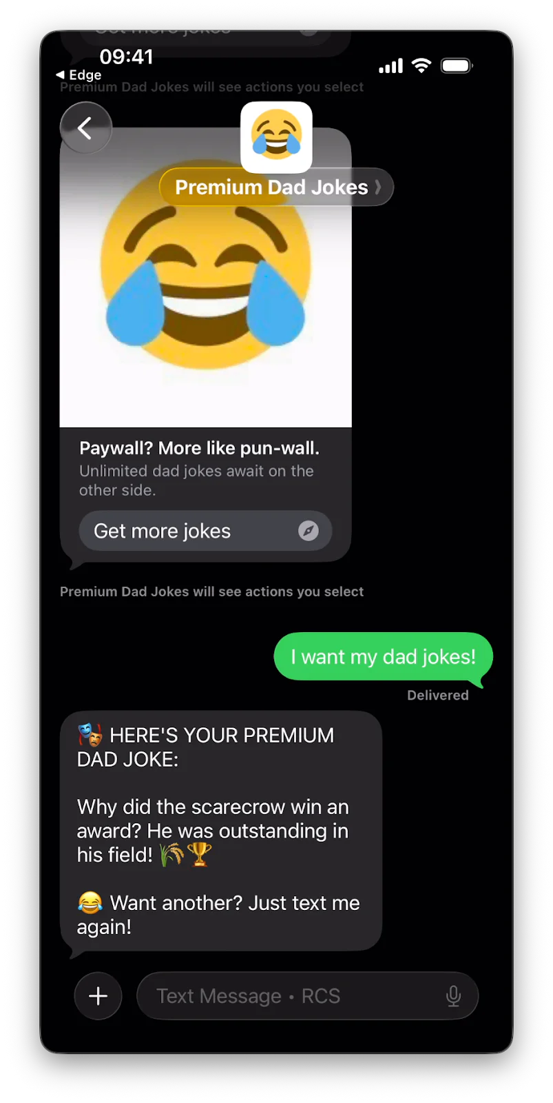 Phone screen with a dad joke about a scarecrow receiving an award, questioning paywall for premium jokes.