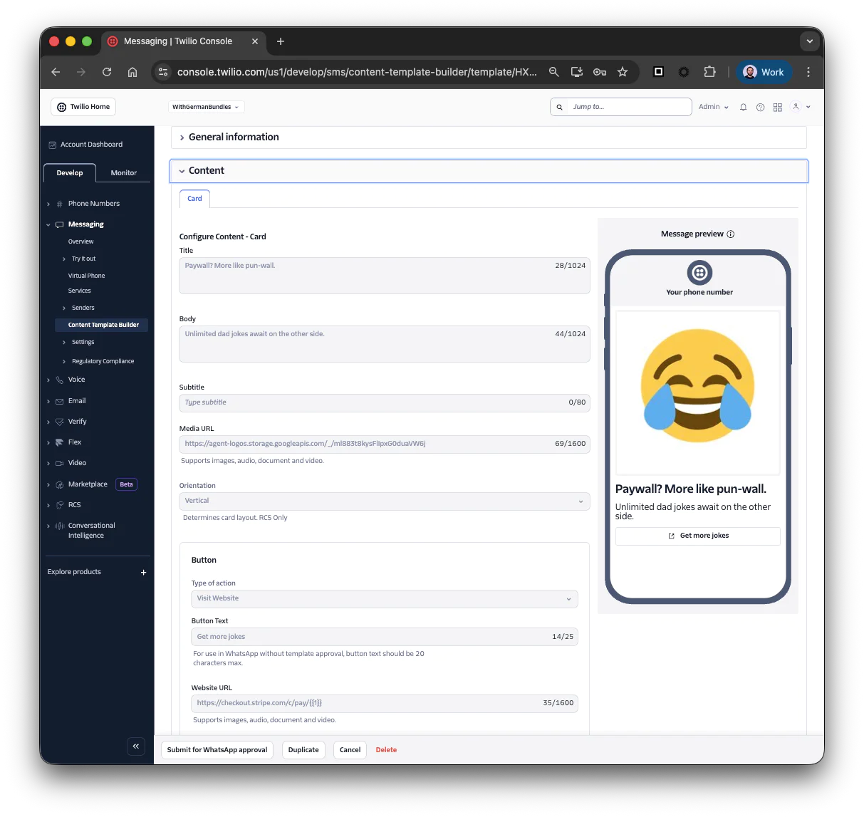 Twilio console interface displaying message content configuration options and a sample message preview on the right.