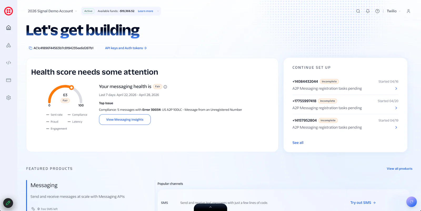 Web dashboard showing health score of 63, messaging insights, and registration status of phone numbers.