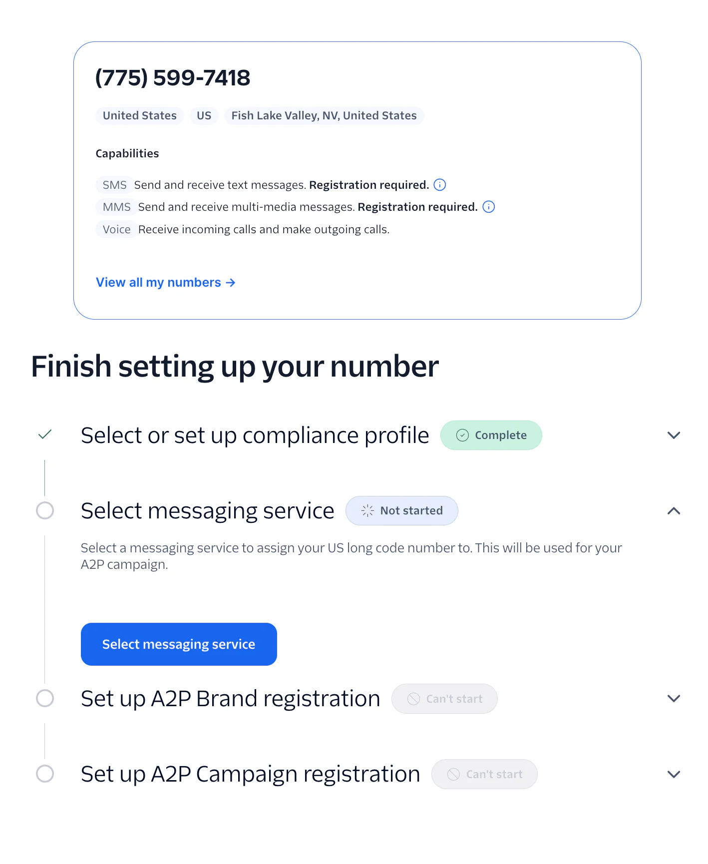 Phone number setup screen with compliance profile and messaging service registration steps.