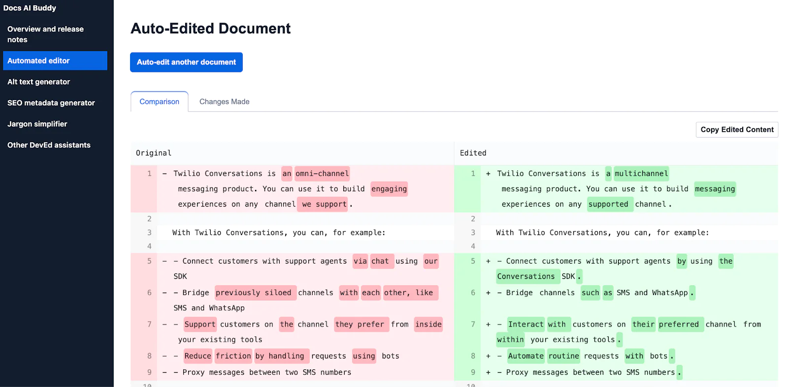 Side-by-side comparison of original and edited text in an auto-edited document on a software interface.