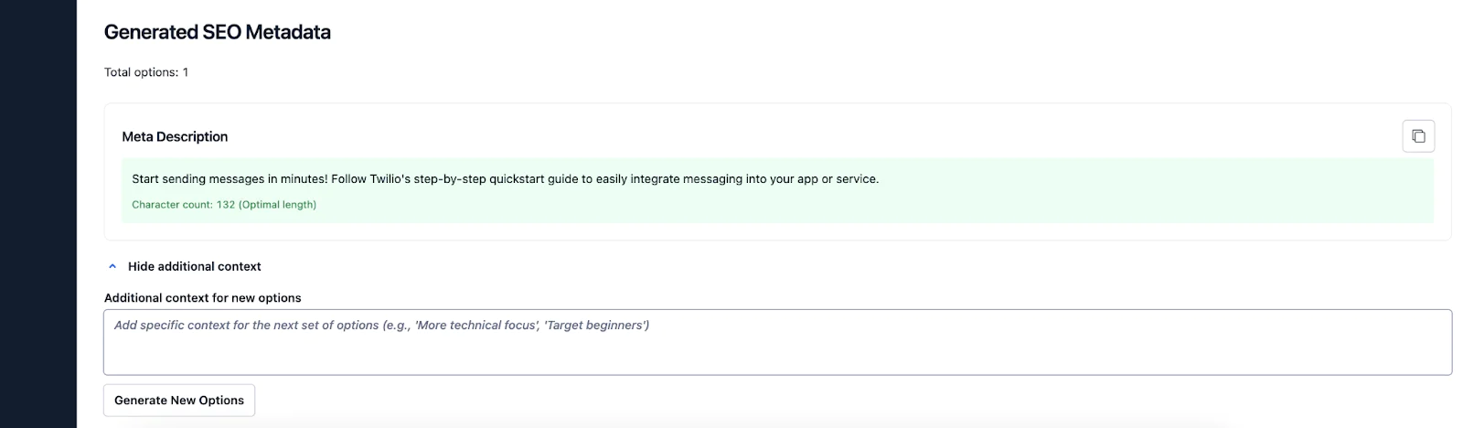 Screenshot of an interface showing a meta description and options for generating SEO metadata.