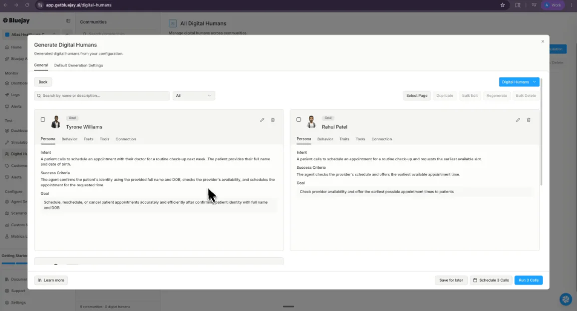 Screen displaying the Digital Human Composer interface with scheduling tasks for Tyrome Williams and Rahul Patel.