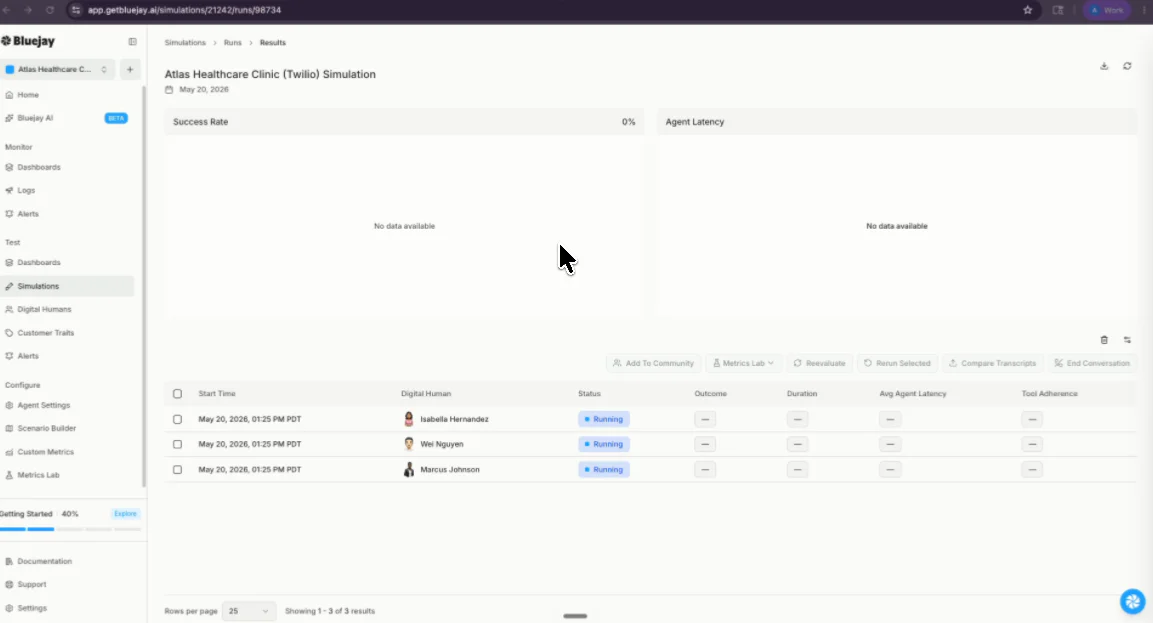 Simulation dashboard showing success rate, agent latency, recent tests with statuses, and agent details.