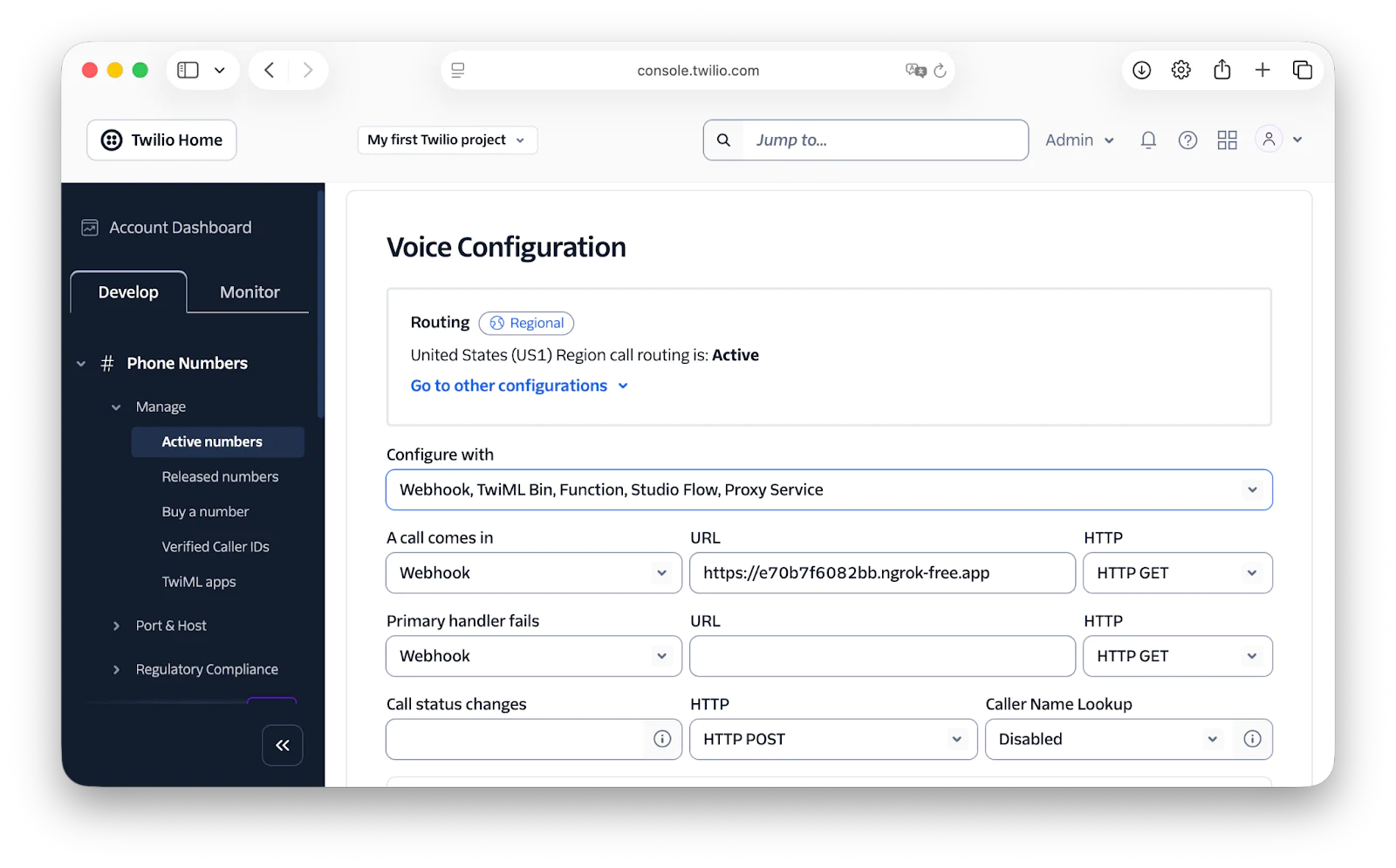 Screenshot of the Voice Configuration settings on the Twilio console.