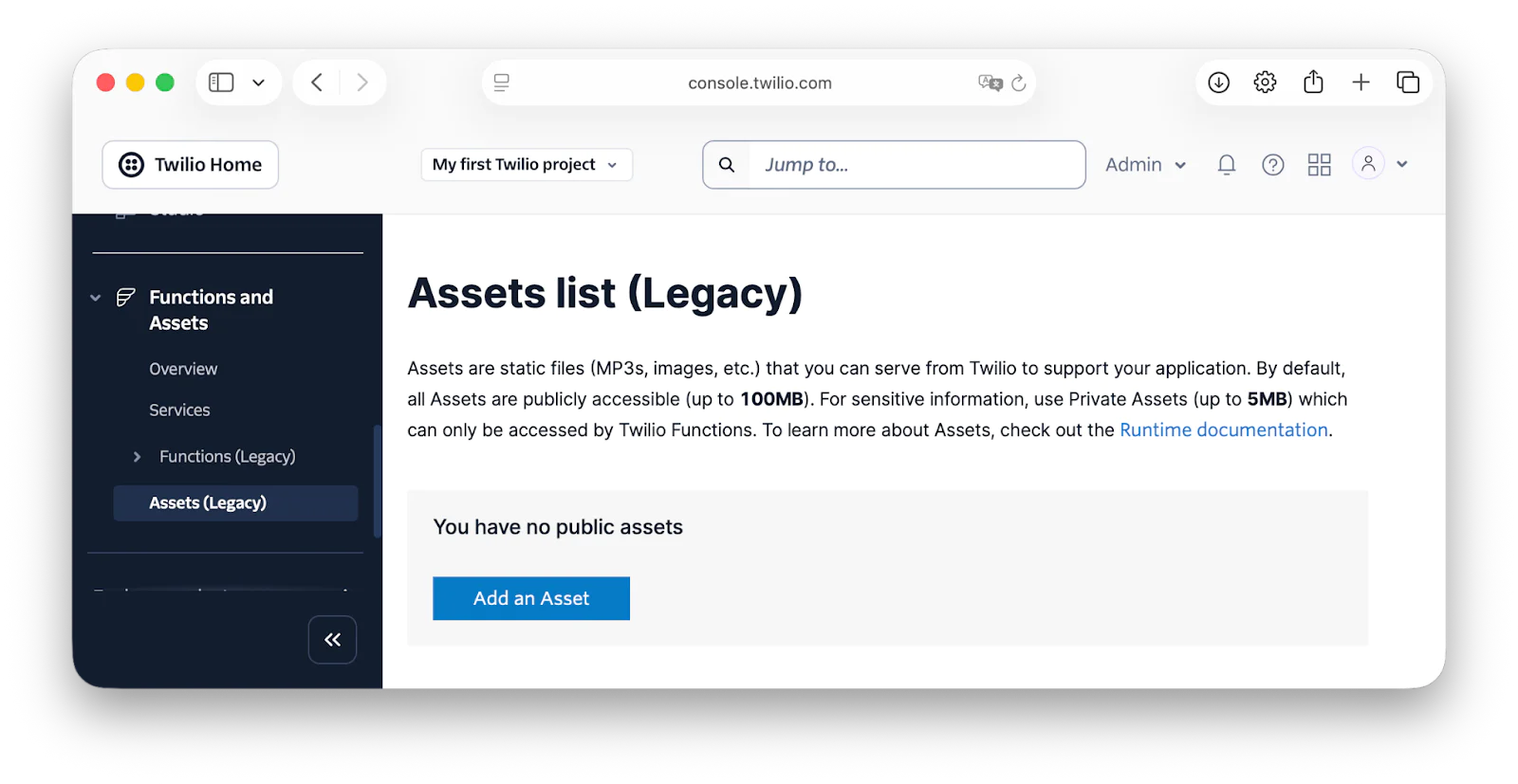 Twilio console showing the Legacy Assets list page with no public assets and an option to add a new asset.