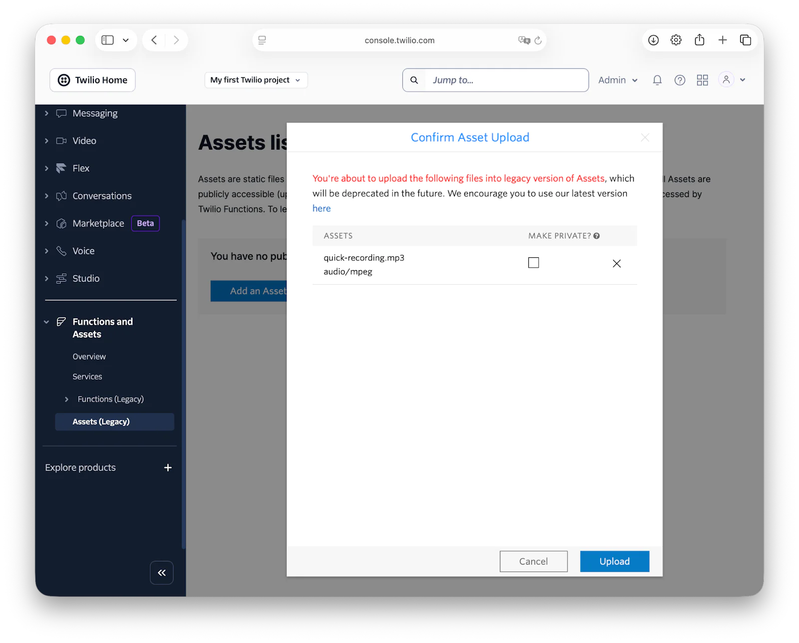 Confirmation dialog box for uploading assets in the Twilio console interface.