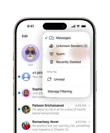 iPhone screen showing messages and filtering options with a dropdown menu for managing filters.