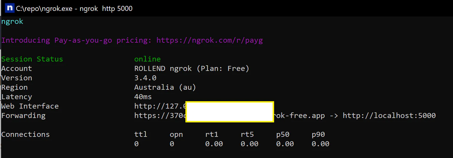 Screenshot of ngrok terminal output showing the generated public URL for the local server. Screenshot of ngrok terminal output showing the generated public URL for the local server.