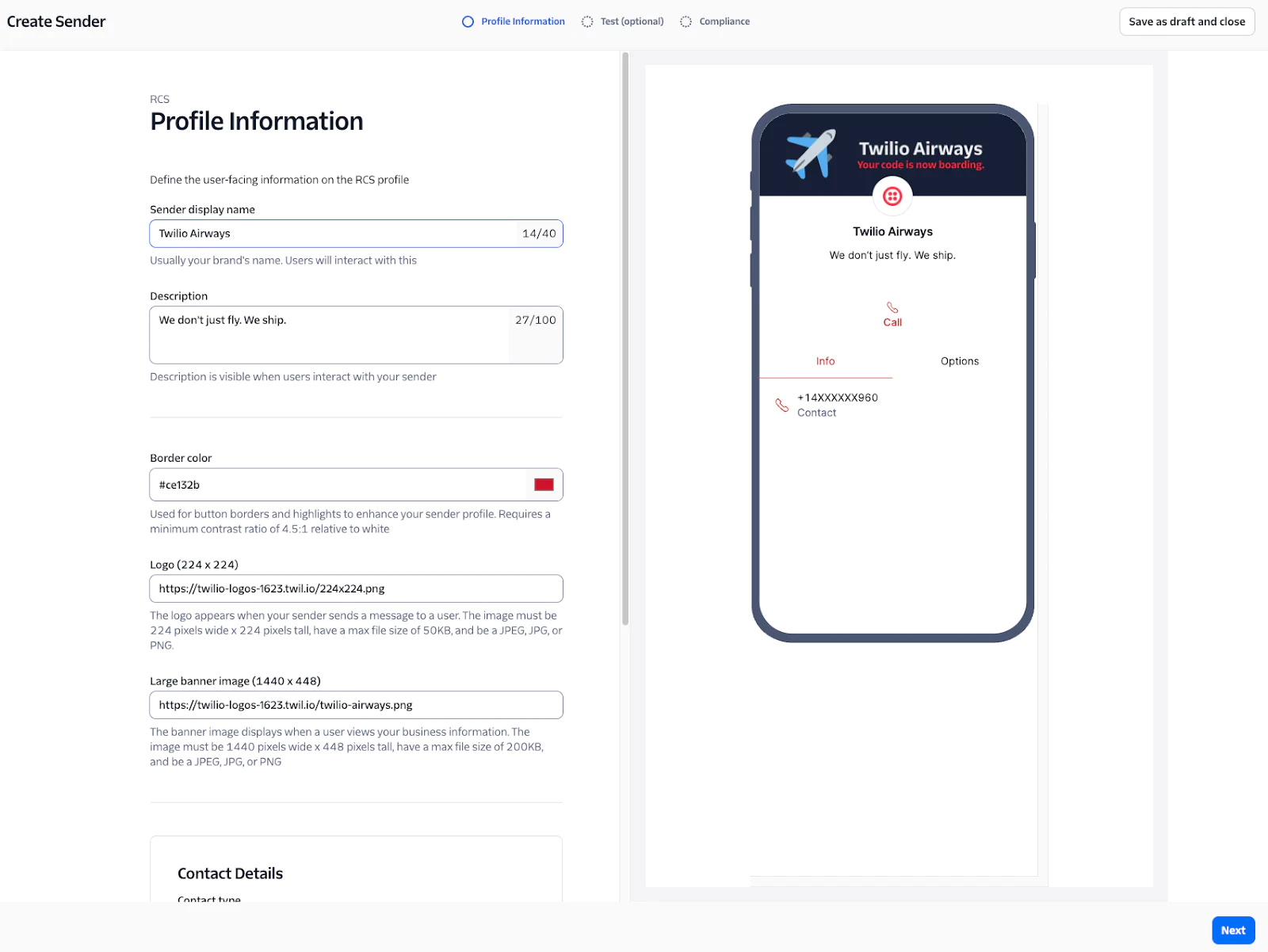 Setup interface for Twilio Airways RCS messaging profile with brand details, logo, and contact info.