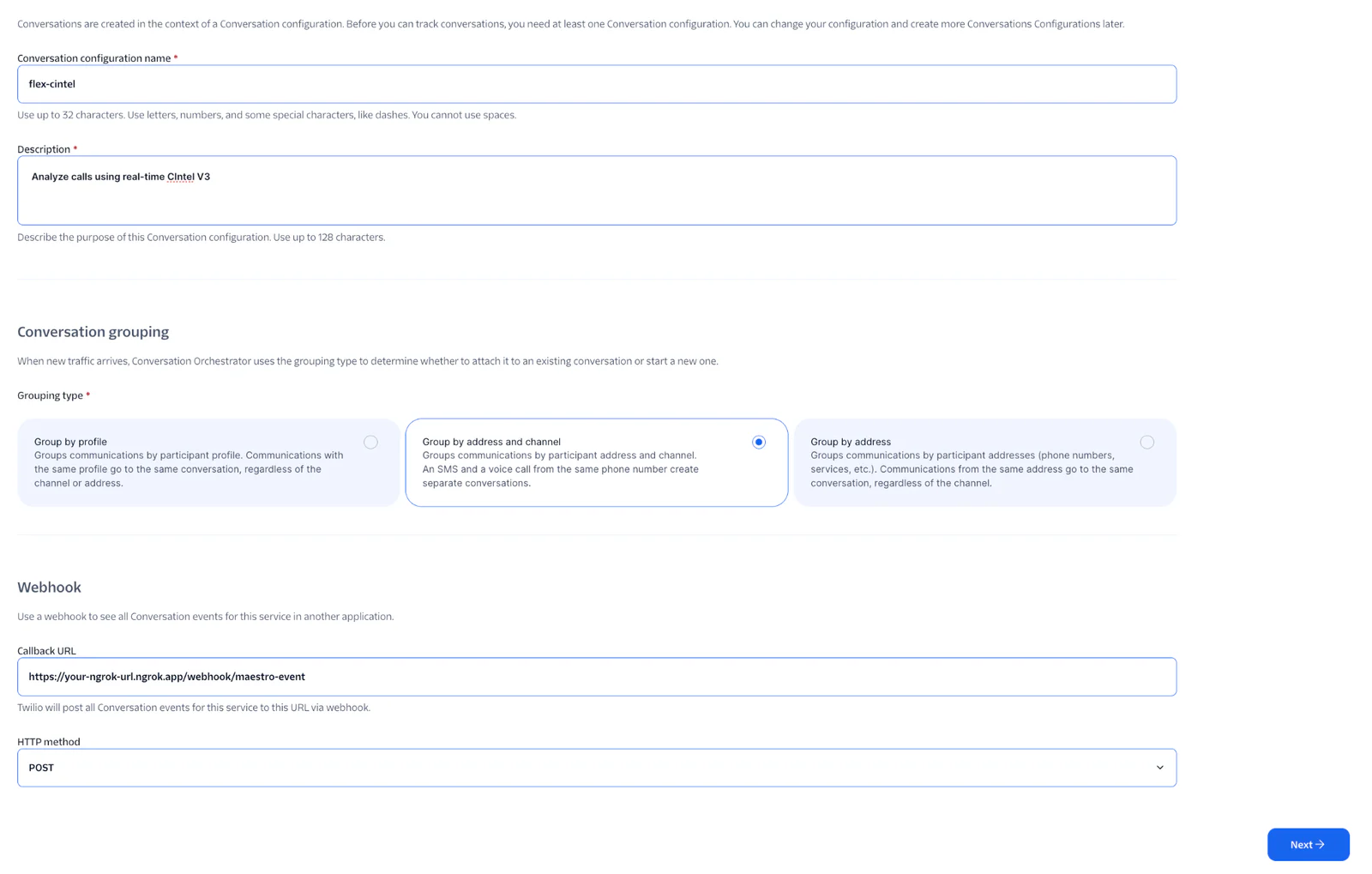 Interface for creating conversation configuration, grouping options, and webhook URL settings in a dialogue flow application.