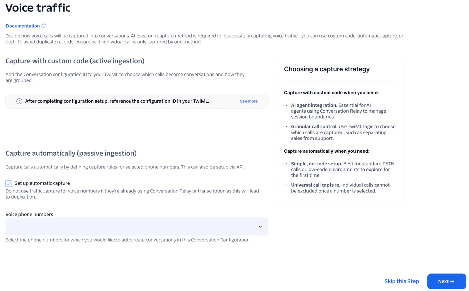 Twilio interface for configuring voice traffic capture options, including custom code and automatic ingestion.