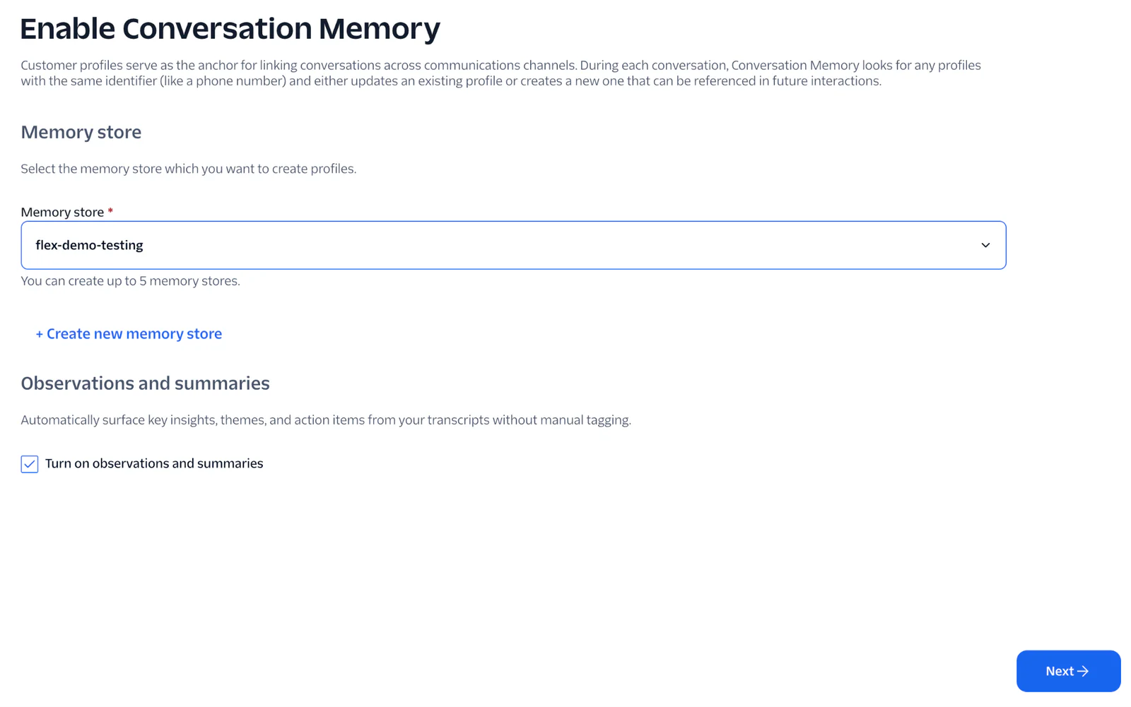 Screen showing options to enable conversation memory and manage memory stores in a communication platform.