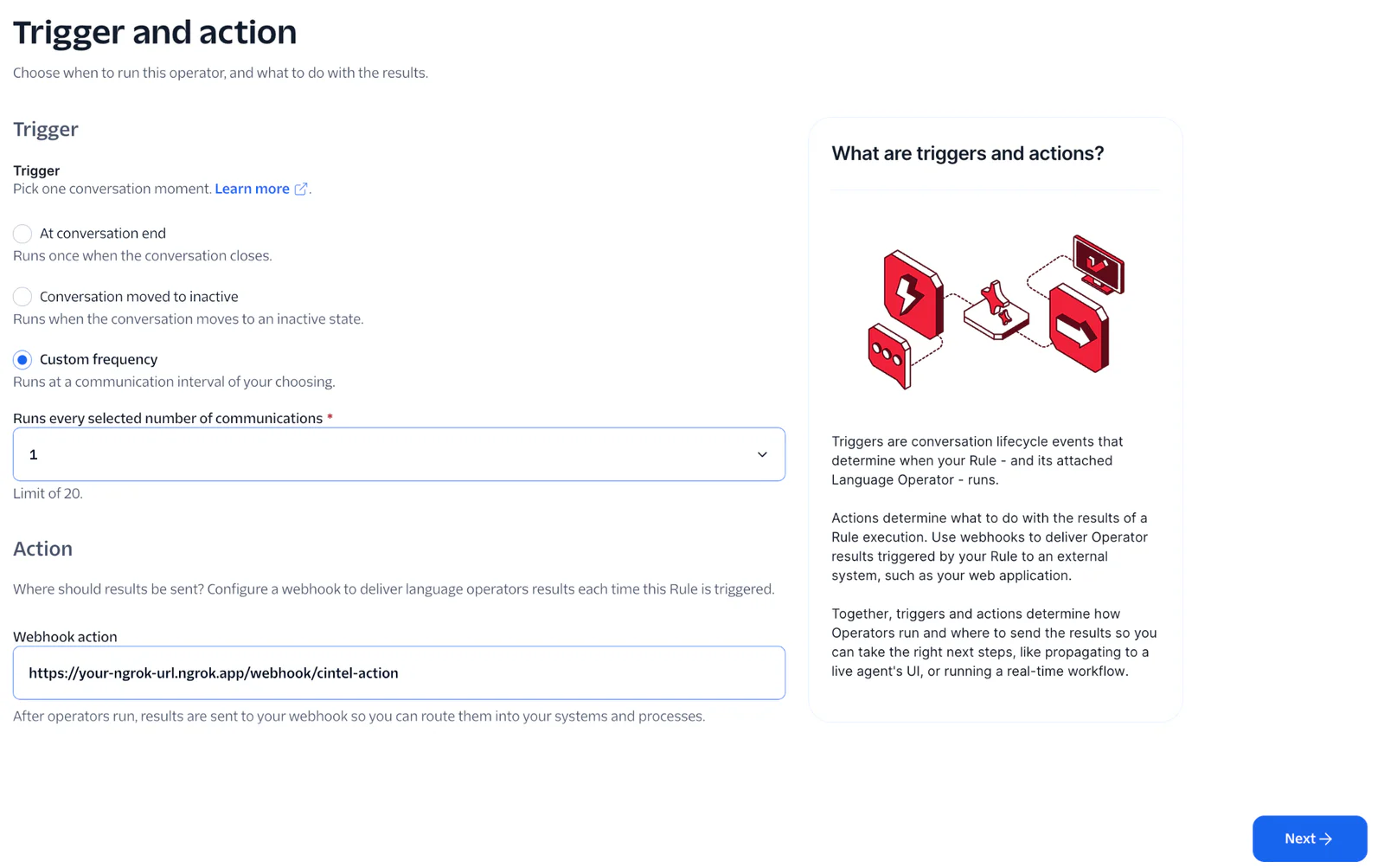 Screen showing the configuration of trigger and action settings with webhook action URL.