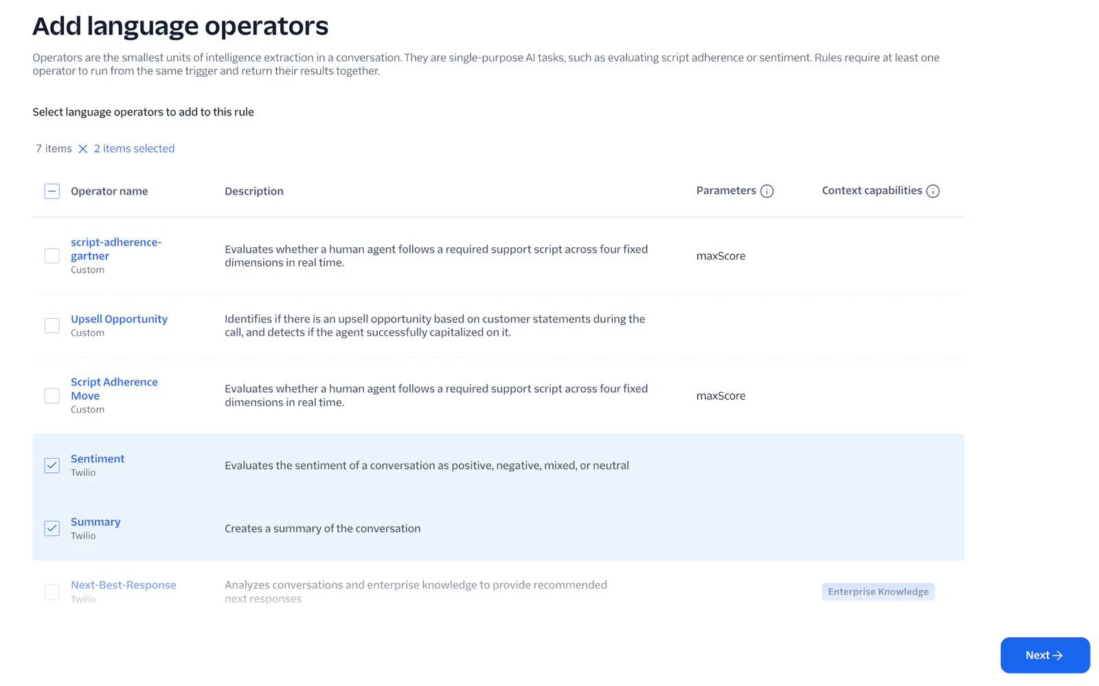 Screenshot of the Add Language Operators interface with options for script adherence, sentiment, and summary.