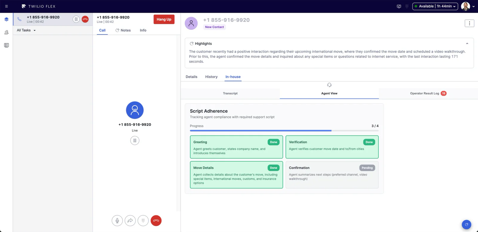 Screenshot of Twilio Flex interface showing call interaction details and script adherence.