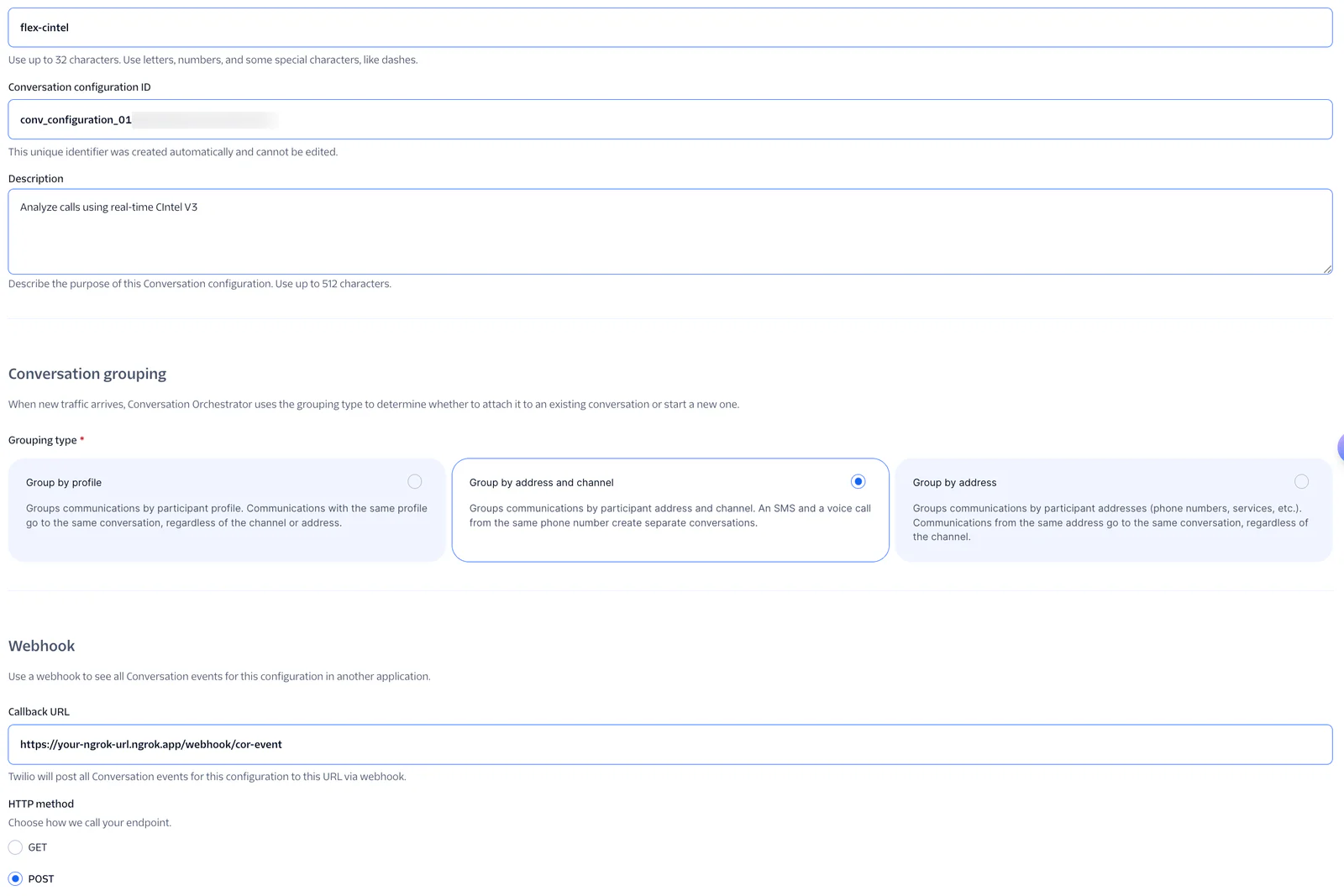 Screenshot of a form to configure conversation settings in an application with fields for grouping and webhook.