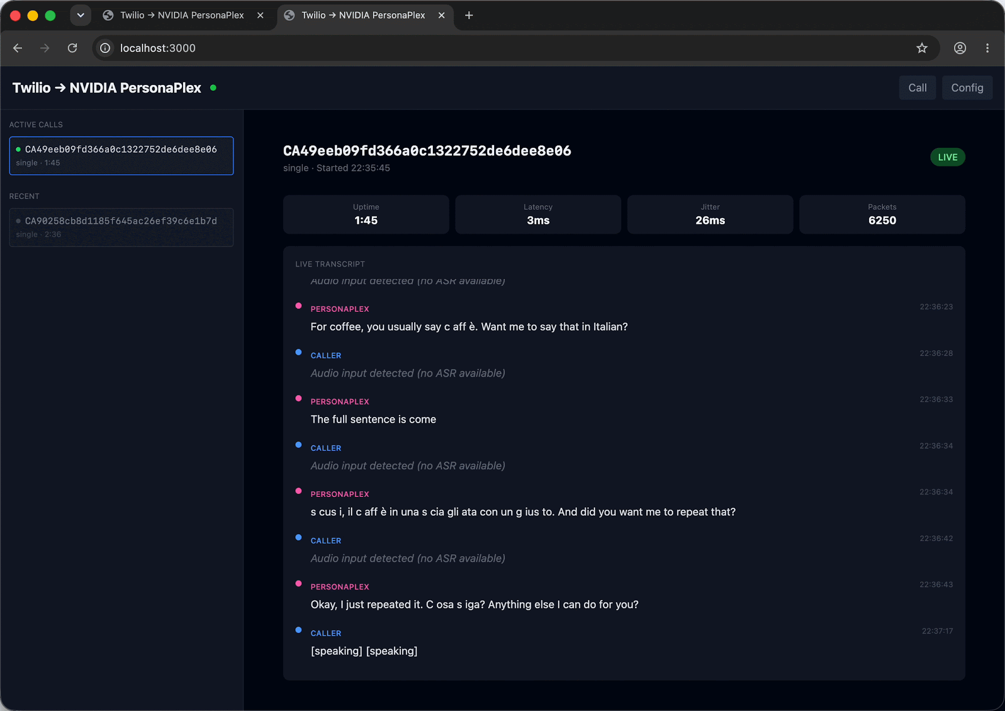 Dashboard showing live call analysis using Twilio and NVIDIA PersonaPlex, displaying call data and transcripts.