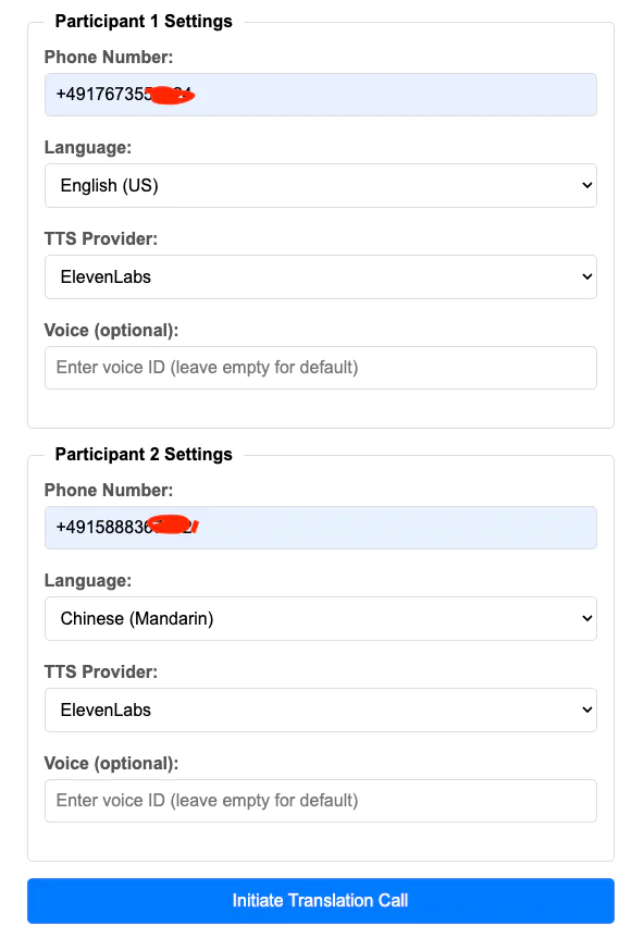 Screenshot of translation call settings with details for two participants including language and TTS provider. Screenshot of translation call settings with details for two participants including language and TTS provider.