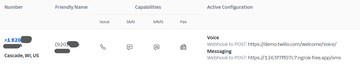 Screenshot of Twilio phone number details showing capabilities, configuration, and webhooks.