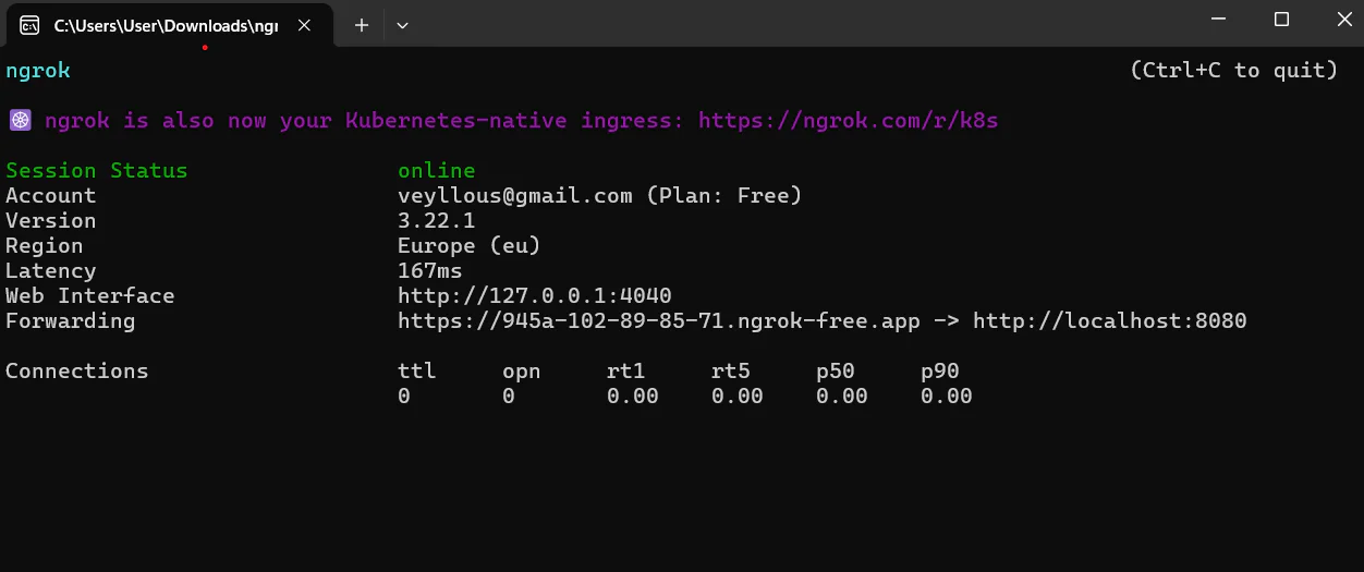 Terminal displaying ngrok session details including status, account info, version, region, latency, and web interface.