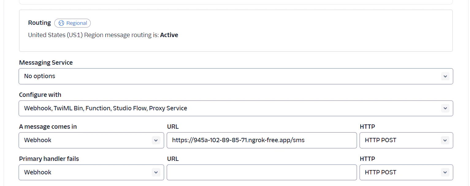 Twilio dashboard showing configuration options for Routing, Messaging Service, and Webhook URLs.